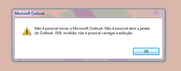Não é possível iniciar o Microsoft Outlook, Xml inválido